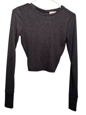 Open Edit Women's Size XXS Long Sleeve Athletic Top Gray Metallic Open Back Crop